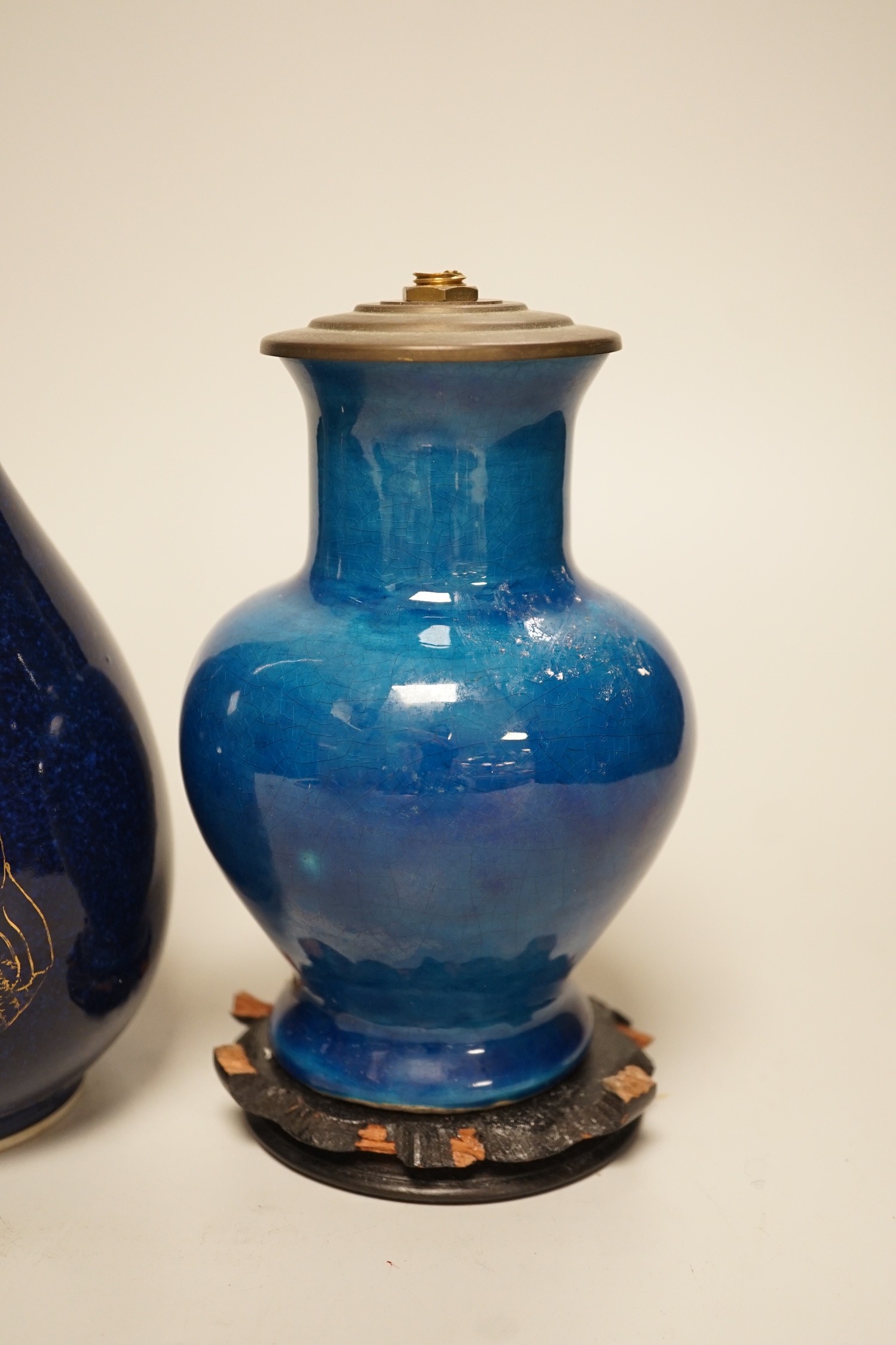 A Chinese blue glazed gilt decorated vase and a blue glazed table lamp base on stand, tallest 25cm